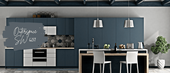outerspace kitchen cabinets are a beautiful gray blue that is a modern departure from the navy blues that were popular a few years ago. 